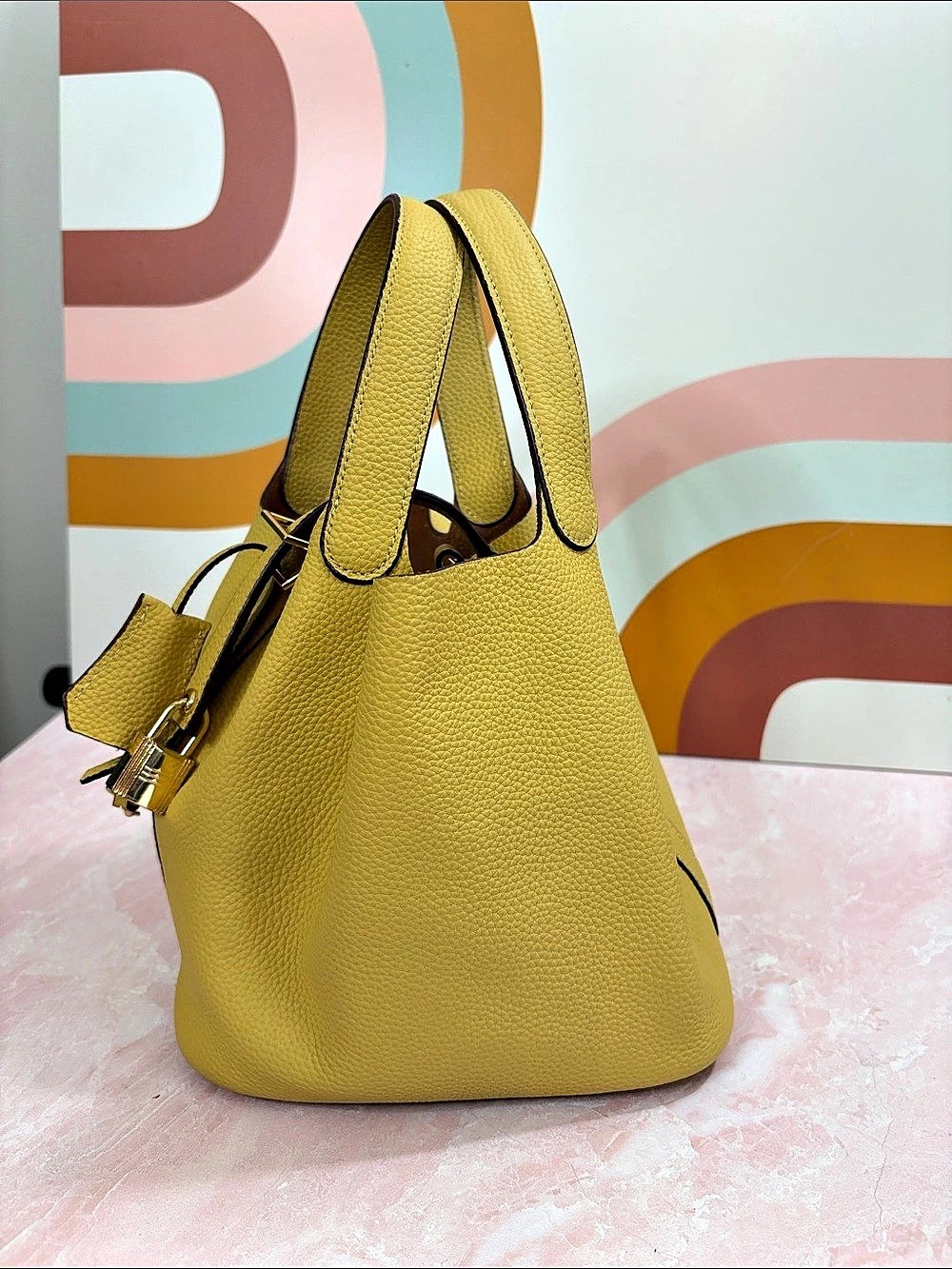 Designer like “Hermès Picotin” Lock Yellow Structured Hand Bag Made in Italy
